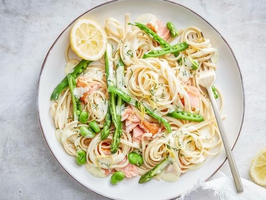 Quick spring salmon pasta with lemon cream sauce.