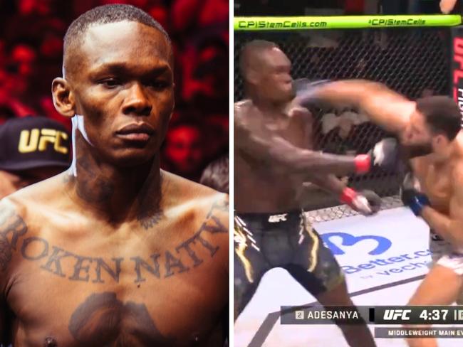 Israel Adesanya was flattened. Photo: X, UFC and Getty.