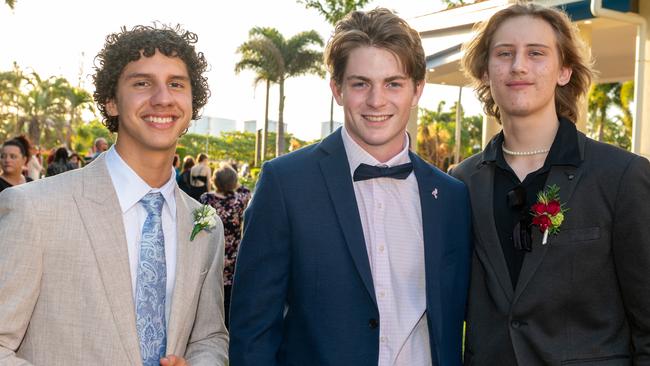 Alessandro Stimamiglio, Hugo Stinson and Jai Cross at the Mackay Northern Beaches State High School Senior Formal Class of 2022 held at Mantra Mackay Marina. Picture: Michaela Harlow