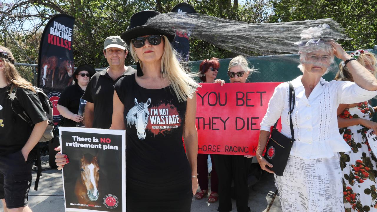 Protesters are staging a demonstration outside Eagle Farm in Brisbane. Picture: Annette Dew