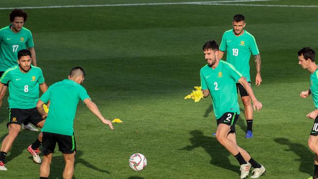 Players of Australia's national football team take part in a training session, ahead of the UAE 2019 AFC Asian Cup, in Al-Ain on January 4, 2019. (Photo by KARIM SAHIB / AFP)