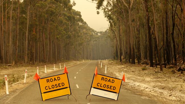 Roadblocks outside the town of Orbost in East Gippsland. Picture: Darrian Traynor/Getty Images