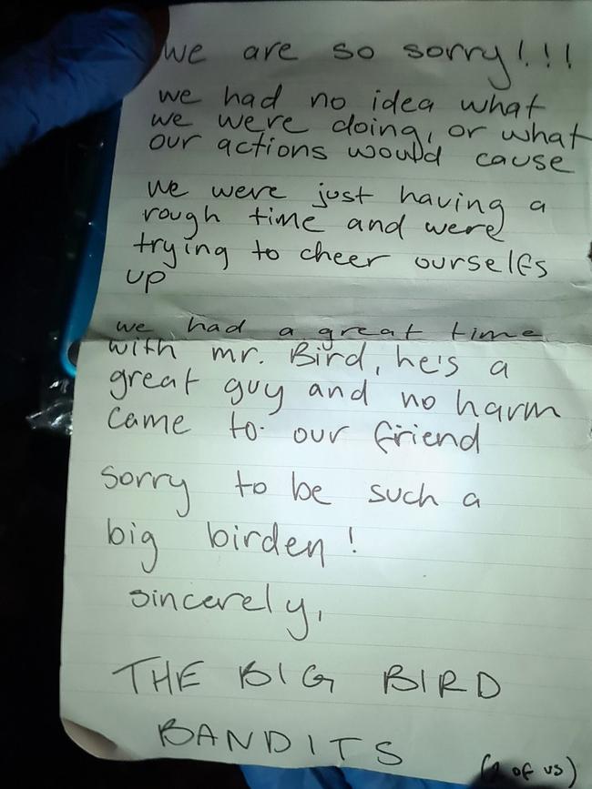 Apology letter from "The Big Bird Bandits". Picture: SA Police