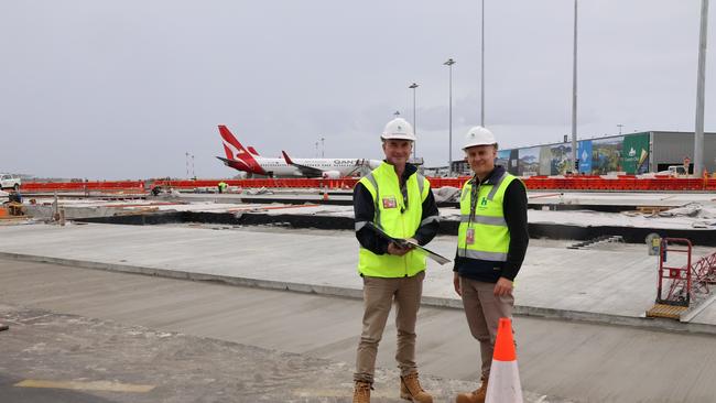 Hobart airport update with temporary lifting of 10pm construction curfew over Christmas period. Norris Carter CEO Hobart Airport and Russell Aschmann Executive General Manager Infrastructure. Picture: Supplied