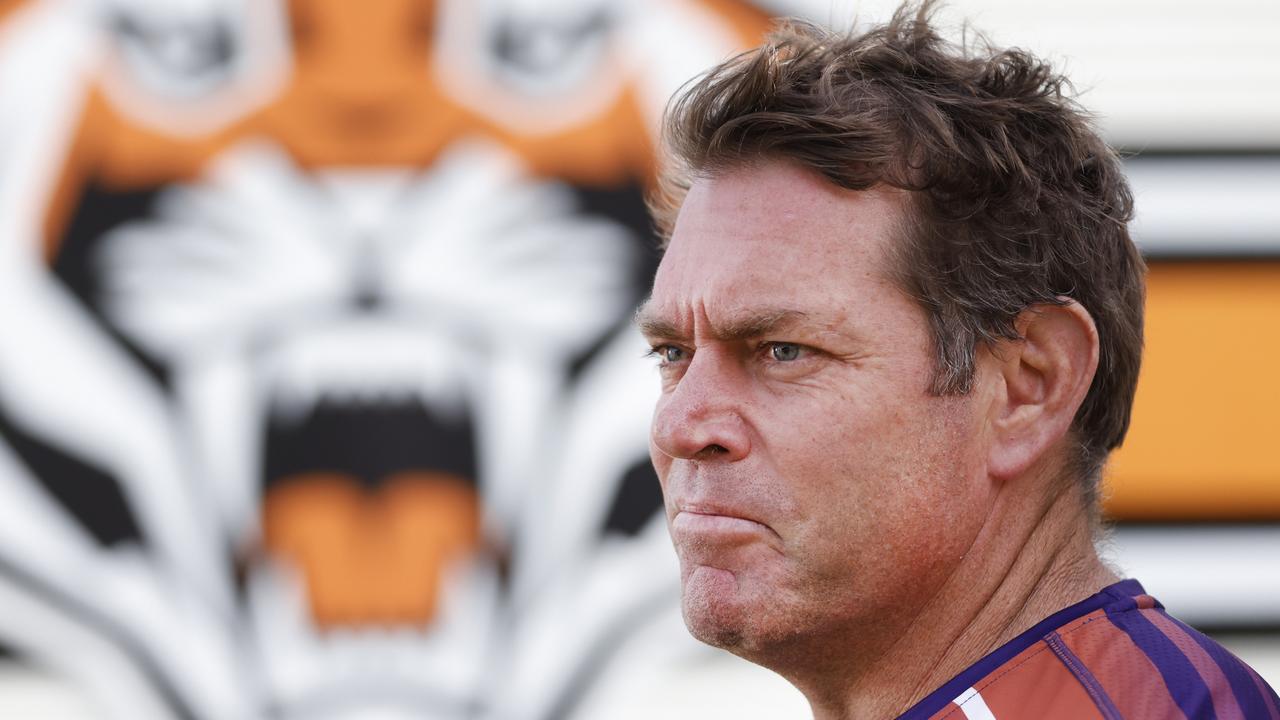 SYDNEY, AUSTRALIA - JULY 16: Current coach of the Wests Tigers, Brett Kimmorley, speaks to the media during a Wests Tigers NRL media opportunity at Cintra park on July 16, 2022 in Sydney, Australia. (Photo by Mark Evans/Getty Images)