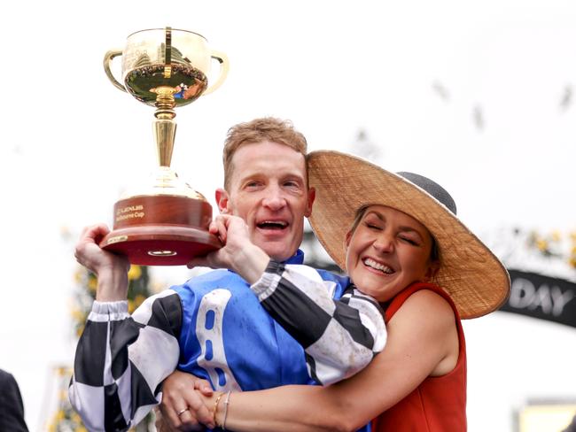 MELBOURNE, AUSTRALIA - NOVEMBER 01: Mark Zahra celebrates after riding Gold Trip to win race 7 the Lexus Melbourne Cup during 2022 Melbourne Cup Day at Flemington Racecourse on November 01, 2022 in Melbourne, Australia. (Photo by Jonathan DiMaggio/Getty Images for VRC)