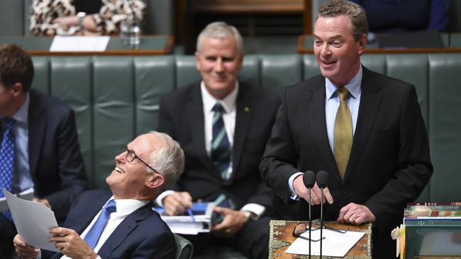 Australian Defence Industry Minister Christopher Pyne, right, with Prime Minister Malcolm Turnbull during Question Time. Picture: AAP.