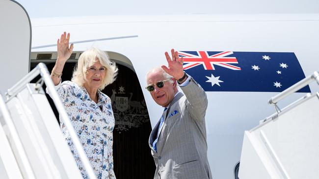 BKing Charles III and Queen Camilla wave as they depart from Sydney Airport after a six-day royal visit to Sydney and Canberra. Picture: BIANCA DE MARCHI / POOL / AFP