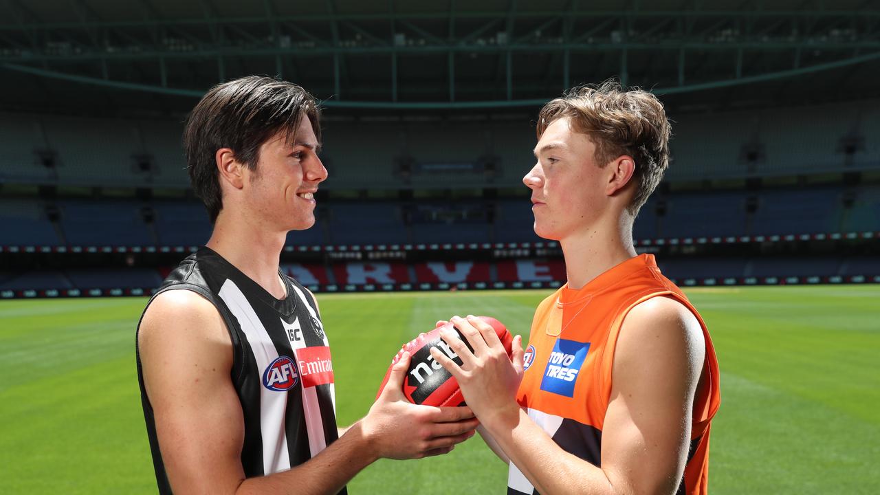 The First shots of Victorian draftees in club colours, at Marvel Stadium in Melbourne. Oliver Henry (Collingwood) and Tanner Bruhn ( GWS). Picture: Alex Coppel.