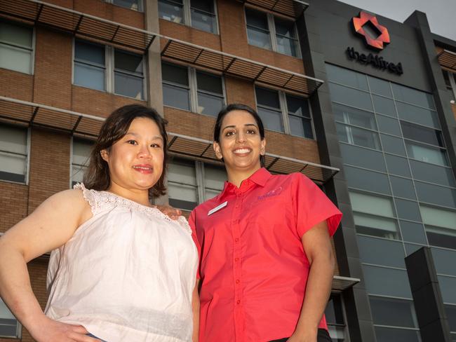 Metastatic McGrath Breast Care Nurse Gurpreet Grewal and her patient Grace Lee outside The Alfred Hospital. On Tuesday 2 May, the McGrath Foundation will announce that we have recently appointed six new McGrath Breast Care Nurses in Victoria. Picture: Tony Gough