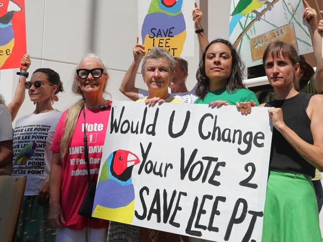 Save Lee Point demonstrators including Independent candidates for Johnston Justine Davis, Karama Justine Glover, Nightcliff Mililma May and Green candidate for Fannie Bay Suki Dorras-Walker outside the NT Parliament on Wednesday July 31. Picture: Zizi Averill