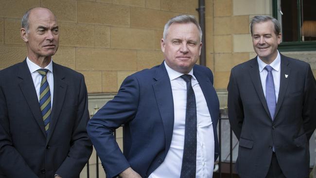 Newly announced Tasmanian Attorney-General Guy Barnett, left, Premier Jeremy Rockliff and Deputy Premier Michael Ferguson. Picture: Chris Kidd