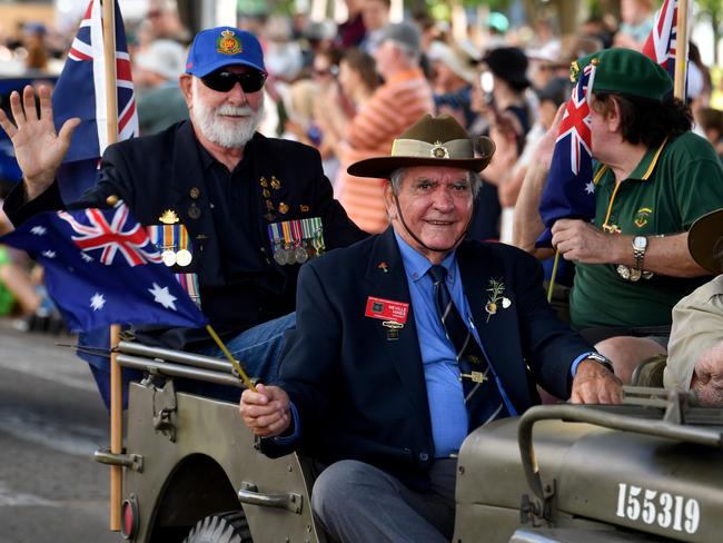 Anzac Day 2025. Strand parade in Townsville. Neville Hines (front) and John Pilcher and Kalemba. Picture: Evan Morgan