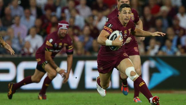 Billy Slater about to put a step on a clueless Blues opponent. Picture: Peter Wallis