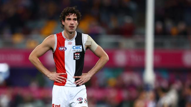 BRISBANE, AUSTRALIA - JUNE 14: Max King of the Saints looks on after the round 14 AFL match between Brisbane Lions and St Kilda Saints at The Gabba, on June 14, 2024, in Brisbane, Australia. (Photo by Chris Hyde/AFL Photos/via Getty Images)