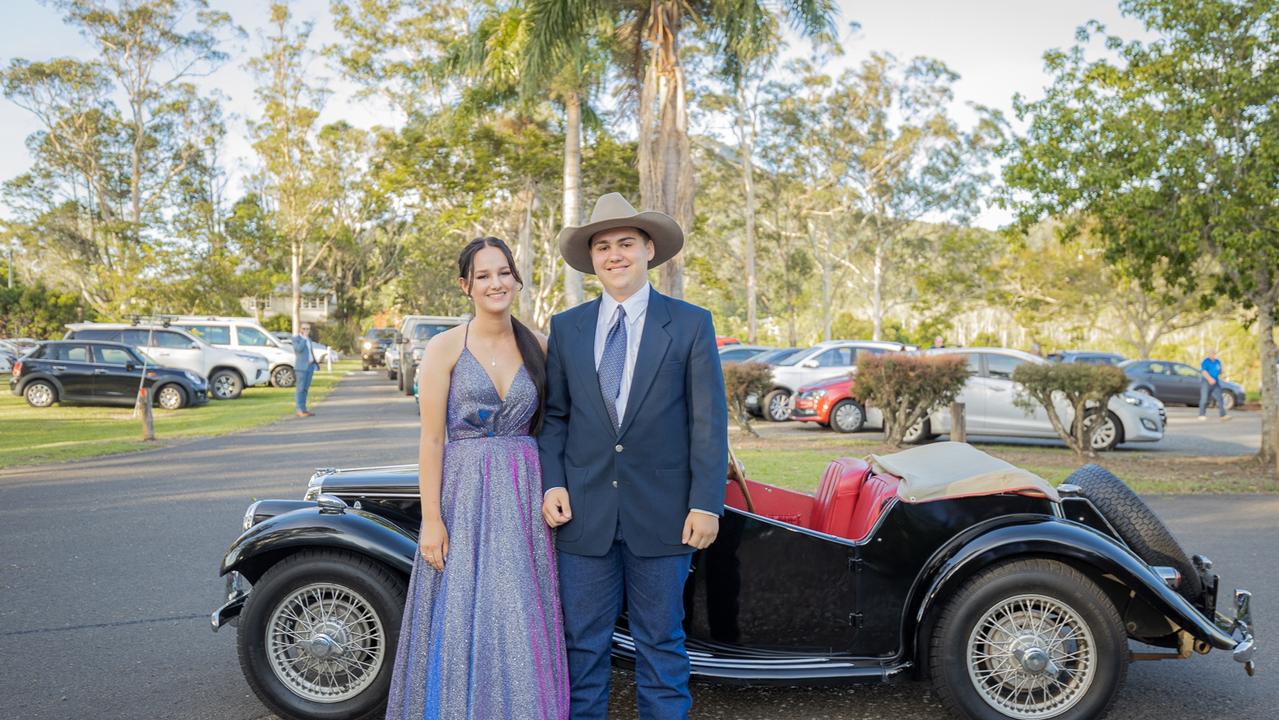 Glasshouse Christian College 2021 school captains Kim Bland and Tate Doneathy arrive in style and with a nod to country. Picture: Jordan Bull