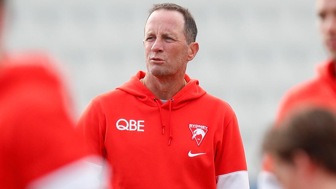 MELBOURNE, AUSTRALIA - JULY 13: Don Pyke, Assistant Coach of the Swans looks on during the Sydney Swans training session at Lakeside Stadium on July 13, 2021 in Melbourne, Australia. (Photo by Michael Willson/AFL Photos via Getty Images)