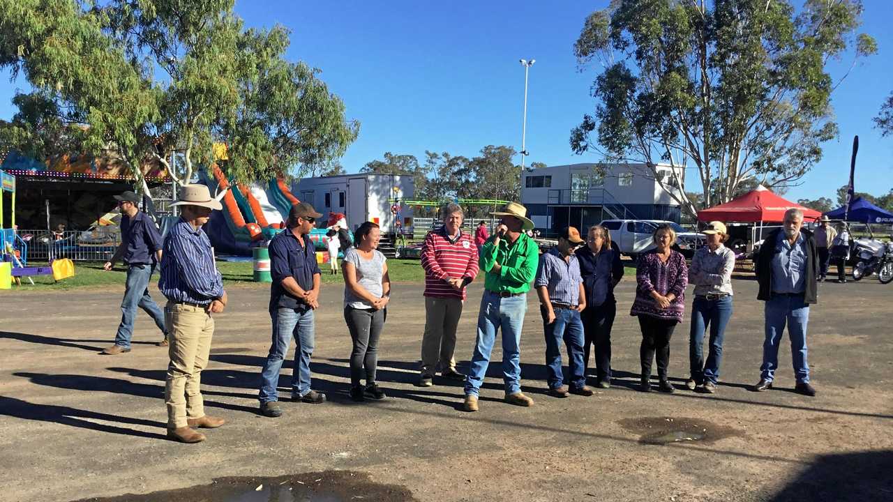 Wallumbilla Show Society president Mark Swan (centre) opens the show alongside Mayor Tyson Golder (left), Cr Geoff McMullen (right) and the show committee. Picture: David Bowden