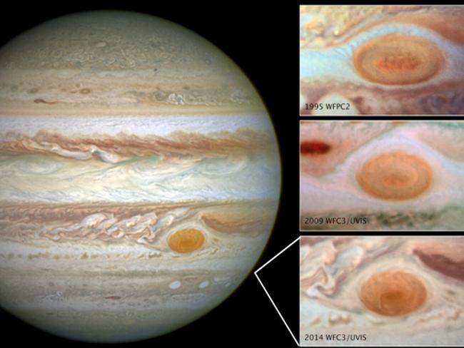 Jupiter’s signature Great Red Spot is on a cosmic diet, shrinking rapidly before our eyes. Here it is in 1995, 2009 and now 2014. Picture: AP