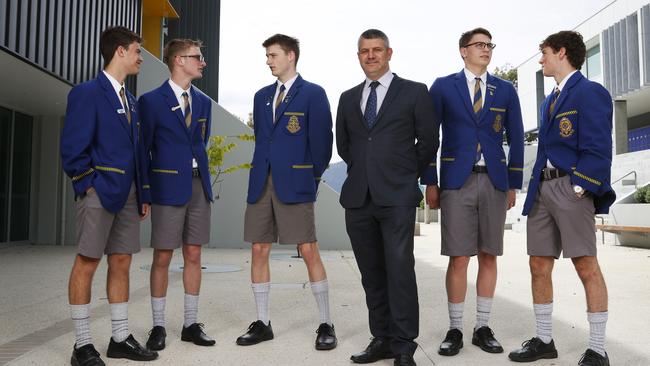 Principal Jon Franzin with students L-R Harry Fulton, Jacob Clothier, Charles Lennon, Samuel Nadler, James Pinelli who are some of the students graduating. Picture: Nikki Davis-Jones