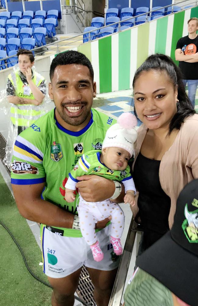 Canberra Raiders hooker Siliva Havili with daughter Mausia and wife Loretta.