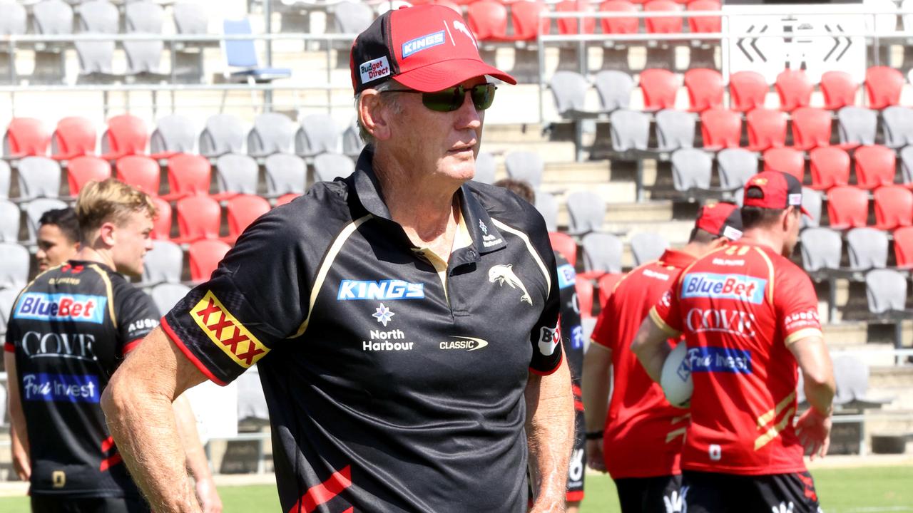 Wayne Bennett and players in the renamed stadium home of the Dolphins NRL team, Kayo Stadium, Redcliffe, - Photo Steve Pohlner