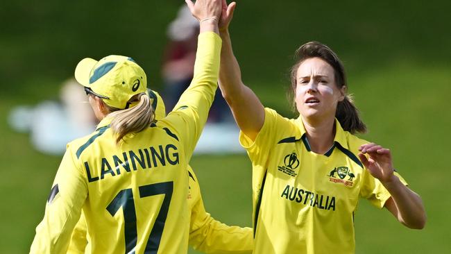 Ellyse Perry celebrates a wicket with her captain Meg Lanning. Picture: Mark Tantrum/Getty Images