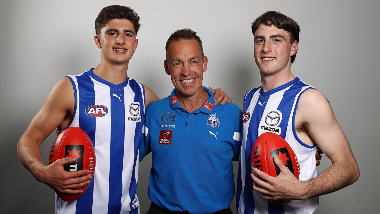 Harry Sheezel (left) says fellow top three pick George Wardlaw (right) has the strongest claim to being Roos coach Alastair Clarkson’s favourite player. Picture: Michael Klein
