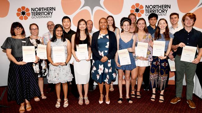 NTCET top 20 students in the Northern Territory announced students with Minister of Education Selena Uibo. Picture: Katrina Bridgeford