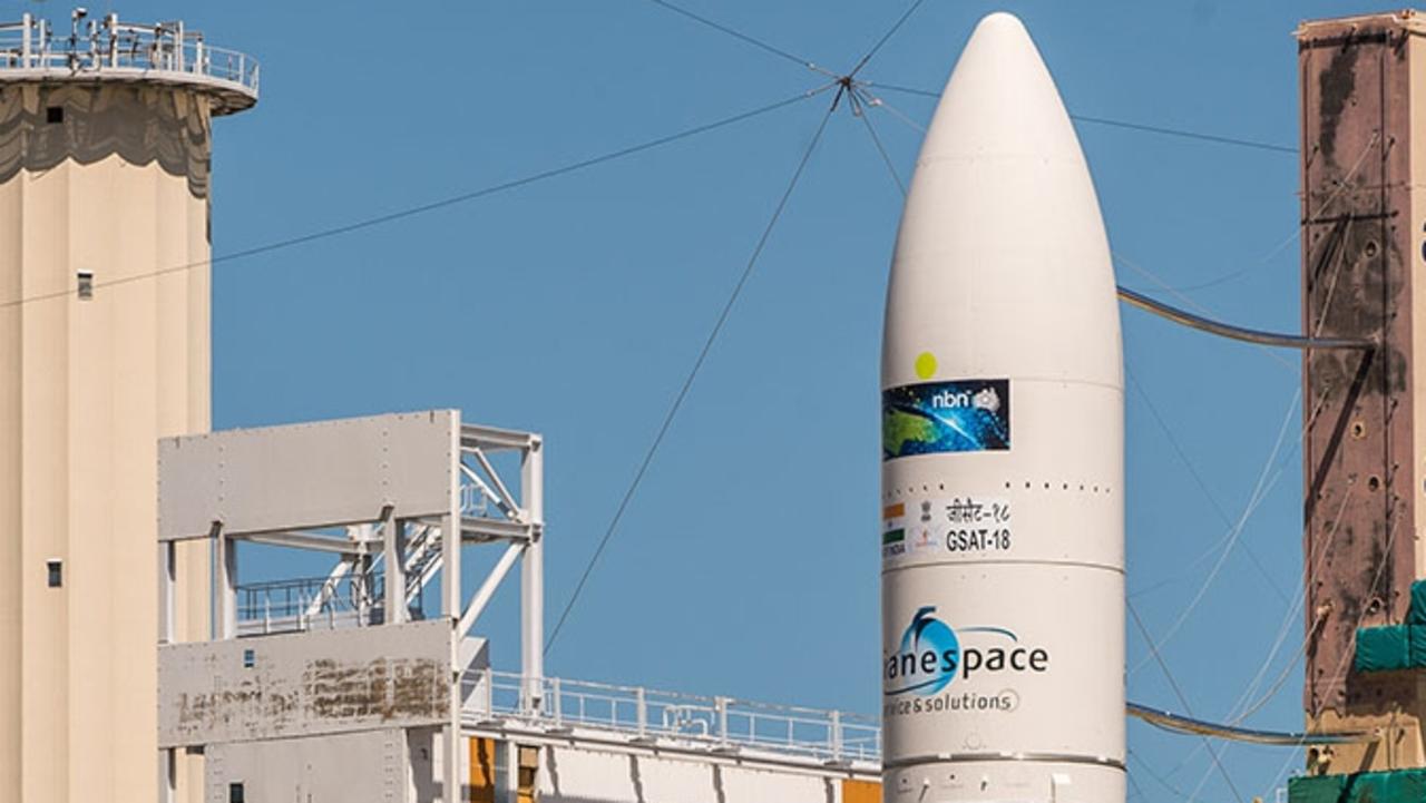 An NBN satellite being prepared to be shot into space on a rocket.