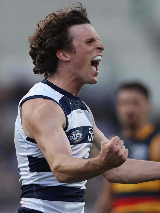 Max Holmes celebrates a goal against Adelaide.