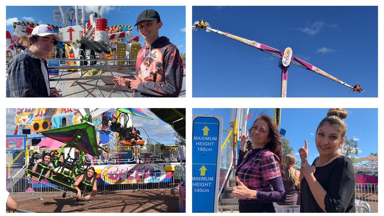 (Top Left) Travis Wason and Jesse Barnell point to the Extreme ride they went on at the Fraser Coast Ag Show. (Bottom Left) Tayissa Richters and Rosie White fly through the air on the Cliff Hanger ride at the Fraser Coast Ag Show. (Top Right) The Speed Two ride flying through the air. (Bottom Right) Chantelle Whitehead and Claudia Ramzy point up at the Speed Two ride they went on at the Fraser Coast Ag Show.