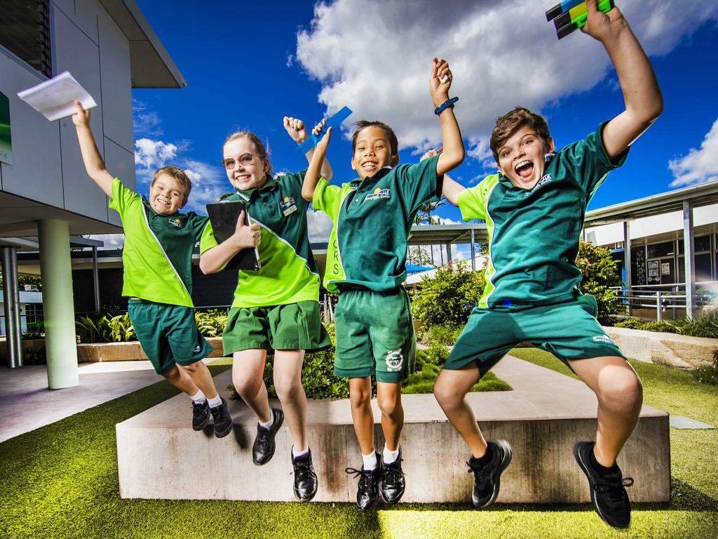 Sunnybank Hills State School students Hayden Davies, Katie Bourke, Mason Huang and Elijah Robinson. Picture: Nigel Hallett