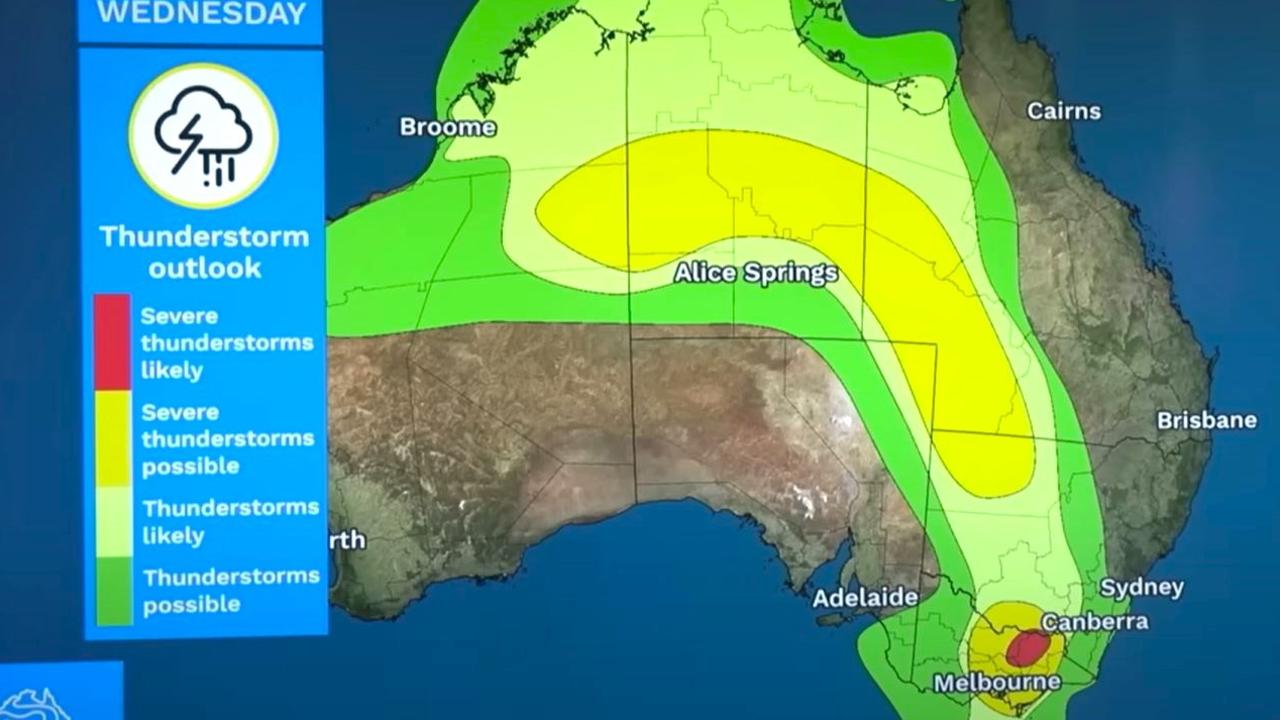 On Wednesday large areas of Australia could see thunderstorms with severe thunderstorm likely in parts of NSW and Victoria. Picture: BOM.