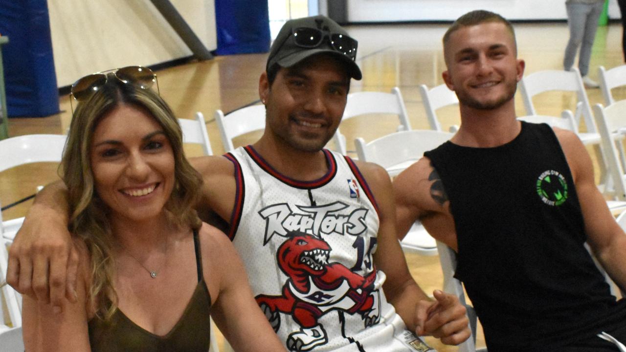 Nikki Borland, Haiz Huria and Owen Baxter at the Reef 'n' Beef Fight Night, Bravus Arena, Rockhampton, on October 21, 2023.