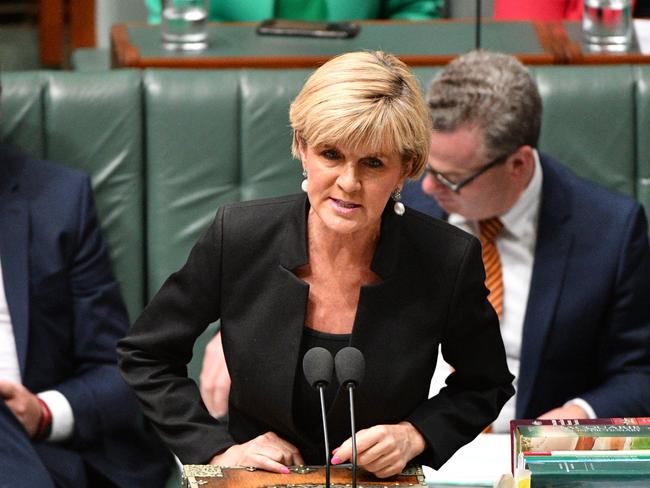 Minister for Foreign Affairs Julie Bishop during Question Time in the House of Representatives at Parliament House in Canberra, Thursday, December 7, 2017. (AAP Image/Mick Tsikas) NO ARCHIVING