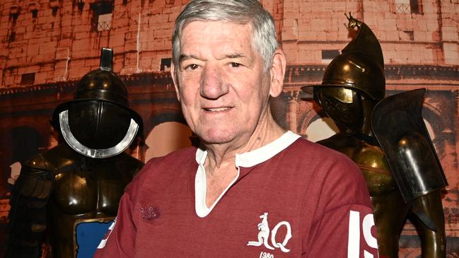 MAROON PRIDE: Toowoomba rugby league legend John McDonald admires Cobb and Co Museum’s new Ancient Rome: The Empire that Shaped the World exhibition. The museum has decked out two gladiators in Queensland and News South Wales colours to celebrate State of Origin.