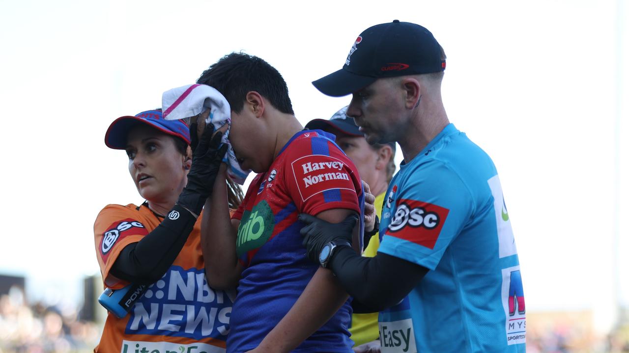 Laishon Albert Jones was forced off the field asblood poured from her head after a nasty head clash. Picture: Getty Images.