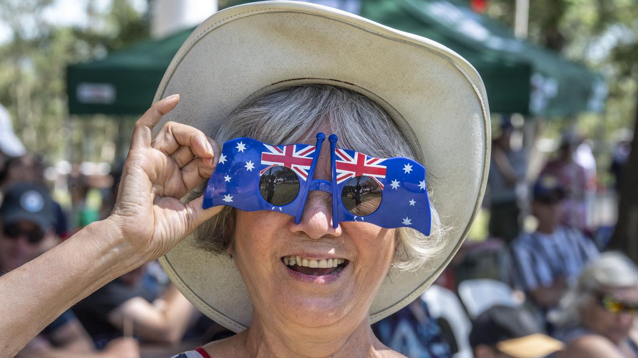 Srisamon Overs proudly wears her flag glasses. Australia Day celebrations at Picnic Point in Toowoomba. Thursday, January 26, 2023. Picture: Nev Madsen.