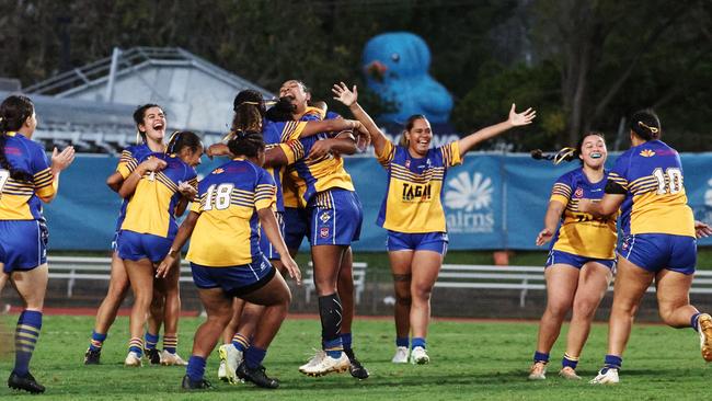 The Cairns Kangaroos celebrate winning the Far North Queensland Rugby League (FNQRL) women's grand final match against the Atherton Roosters at Barlow Park. Picture: Brendan Radke