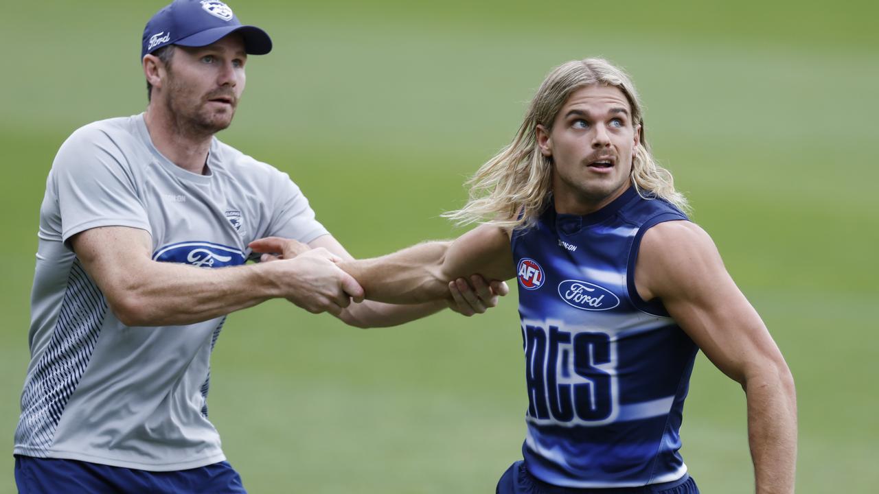 Just look at those luscious locks. Bailey Smith (right) belongs at Geelong. Picture: Michael Klein