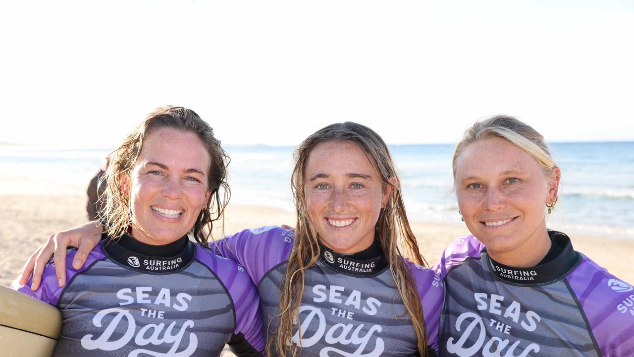 Tory Gilkerson, Tully White and Kirra Molnar at Seas The Day Womens Surf Festival at Kingscliff for Gold Coast at Large. Picture, Portia Large.