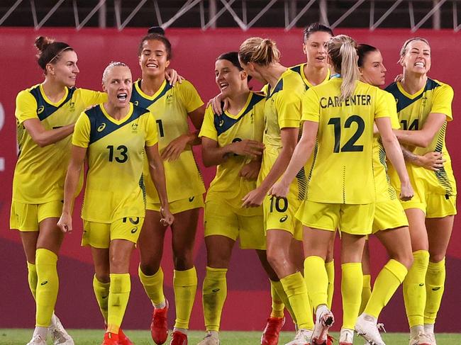 The Matildas celebrate Kerr’s winner in extra time. (Photo by Atsushi Tomura/Getty Images)