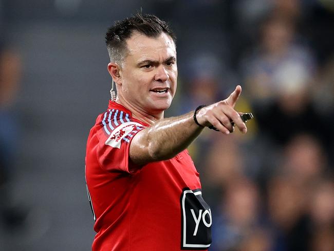 SYDNEY, AUSTRALIA - JULY 16: Referee, Chris Butler gestures during the round 20 NRL match between Parramatta Eels and Gold Coast Titans at CommBank Stadium on July 16, 2023 in Sydney, Australia. (Photo by Brendon Thorne/Getty Images)