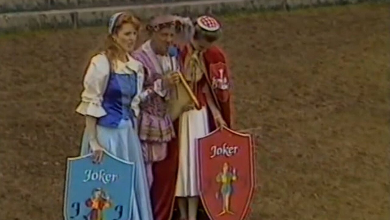 Fergie and Princess Anne with their ‘joker’ shields.