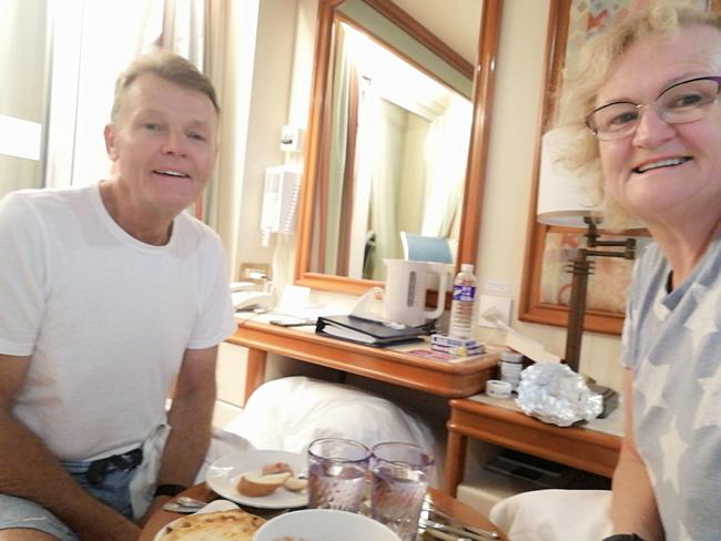 Paul and Coralie Williamson inside their room on the Diamond Princess.