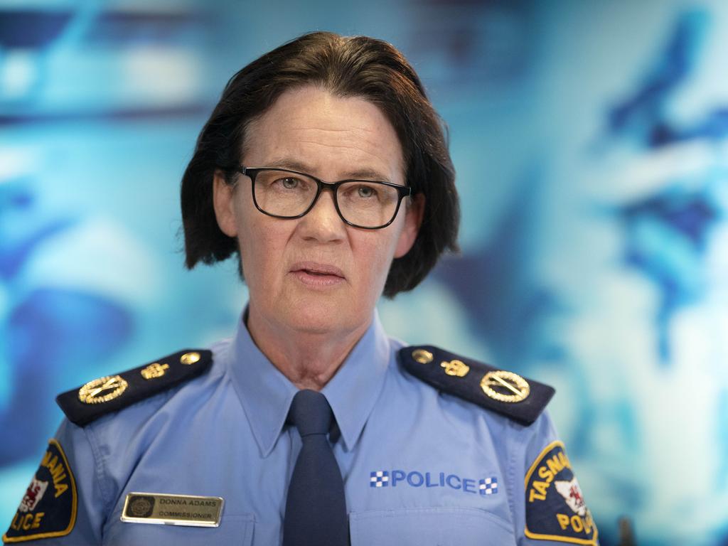 Tasmanian Police Commissioner Donna Adams provides an update on the Weiss Independent Review at Hobart. Picture: Chris Kidd