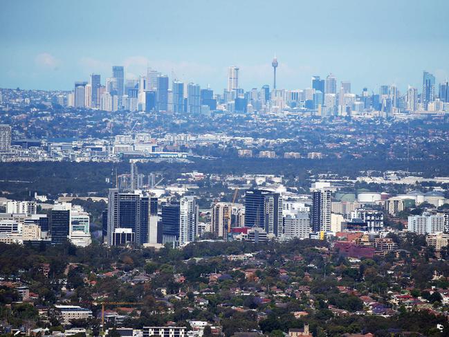 *** SUNDAY TELEGRAPH FOR LATE NOVEMBER 2017 - DO NOT USE BEFORE - MUST CHECK WITH JEFF DARMANIN BEFORE USING ***Aerial shots far western Sydney viewed from the sky. Parramatta city skyline in front of Sydney CBD in background.