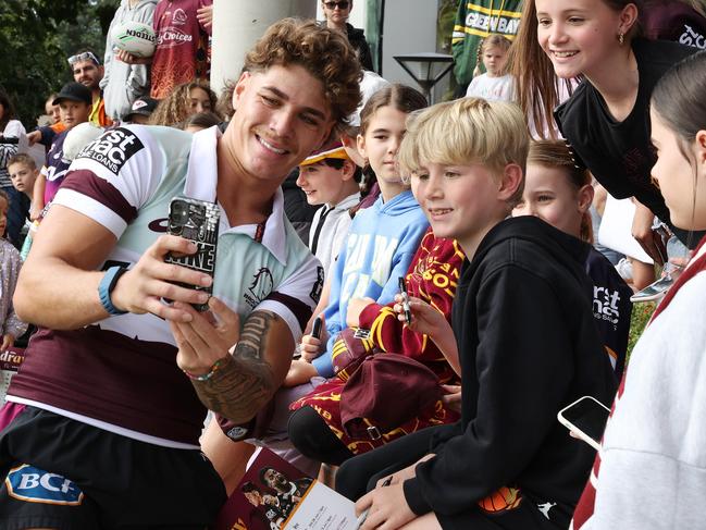 Reece Walsh with fans, Brisbane Broncos training, Red Hill. Picture: Liam Kidston