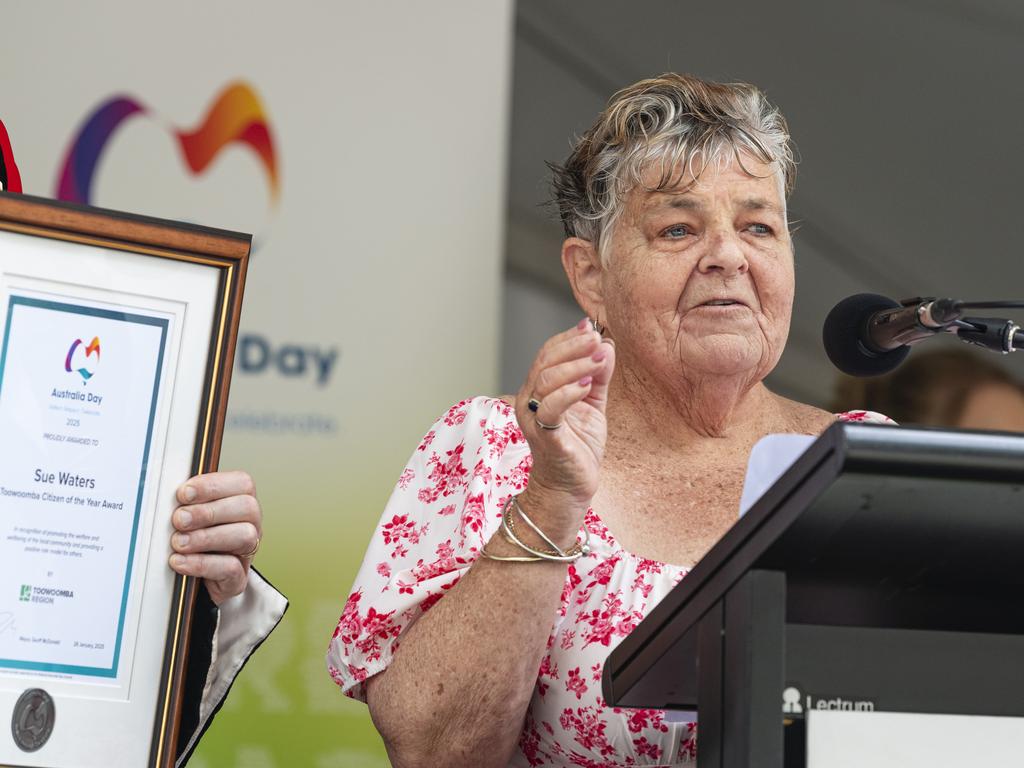 Sue Waters is named Toowoomba Citizen of the Year at the Toowoomba Australia Day celebrations at Picnic Point, Sunday, January 26, 2025. Picture: Kevin Farmer